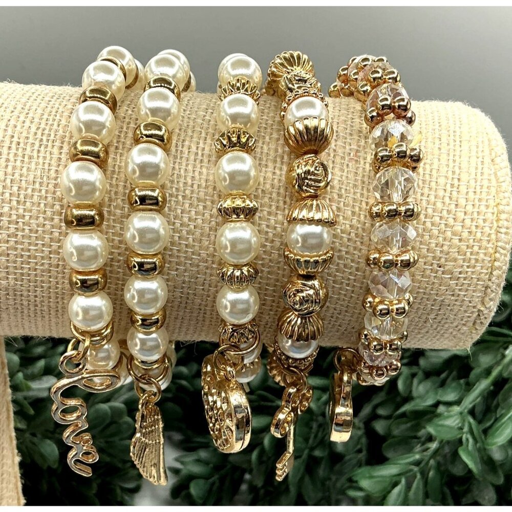Gold Tone and Faux Pearl Beaded Charm Bracelets Set Of 5 Stretch Jewelry